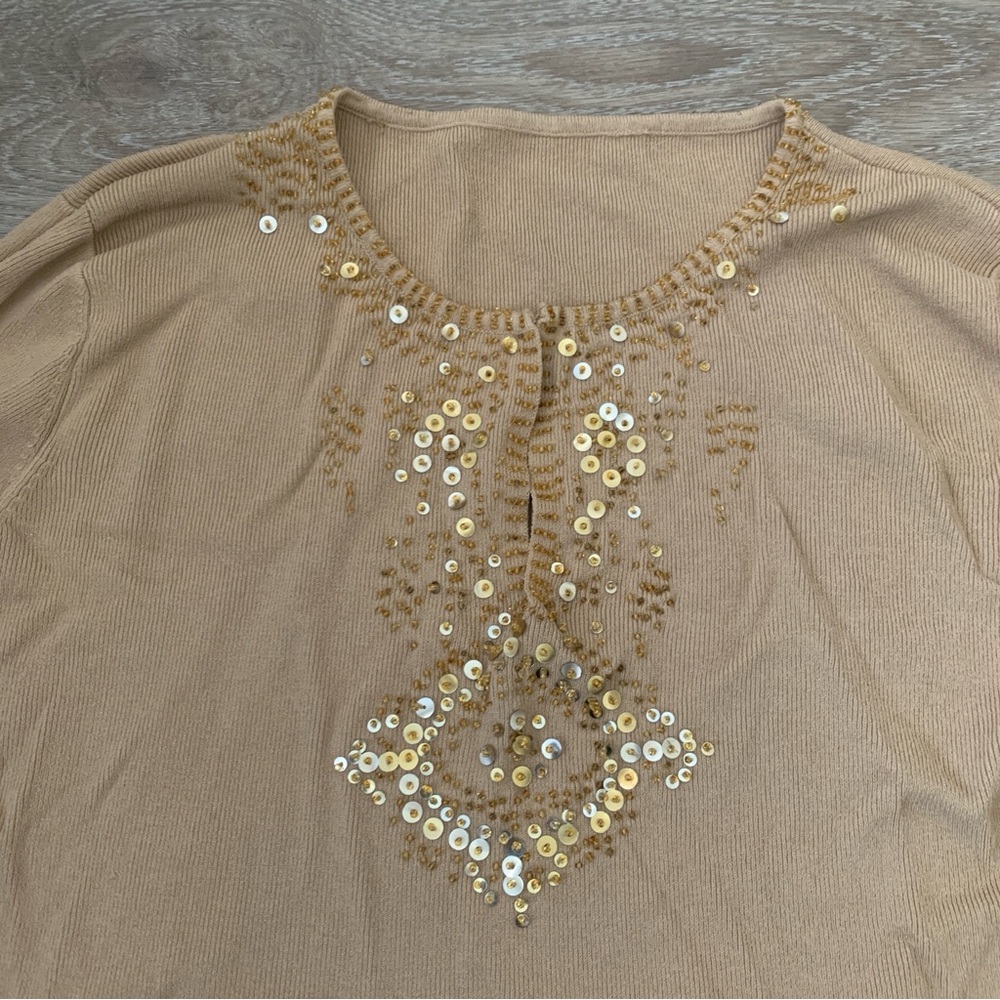 Tan Beaded Long Sleeve Top Size S - Picture 2 of 6